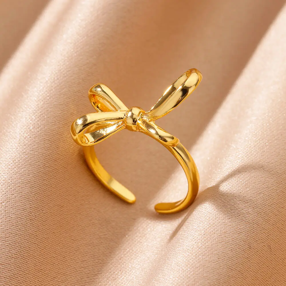 Stainless Steel Bow Knot Opening Rings For Women Cute Gold Plated Geometric Adjustable Ring Simple Jewelry Accesorios anillos