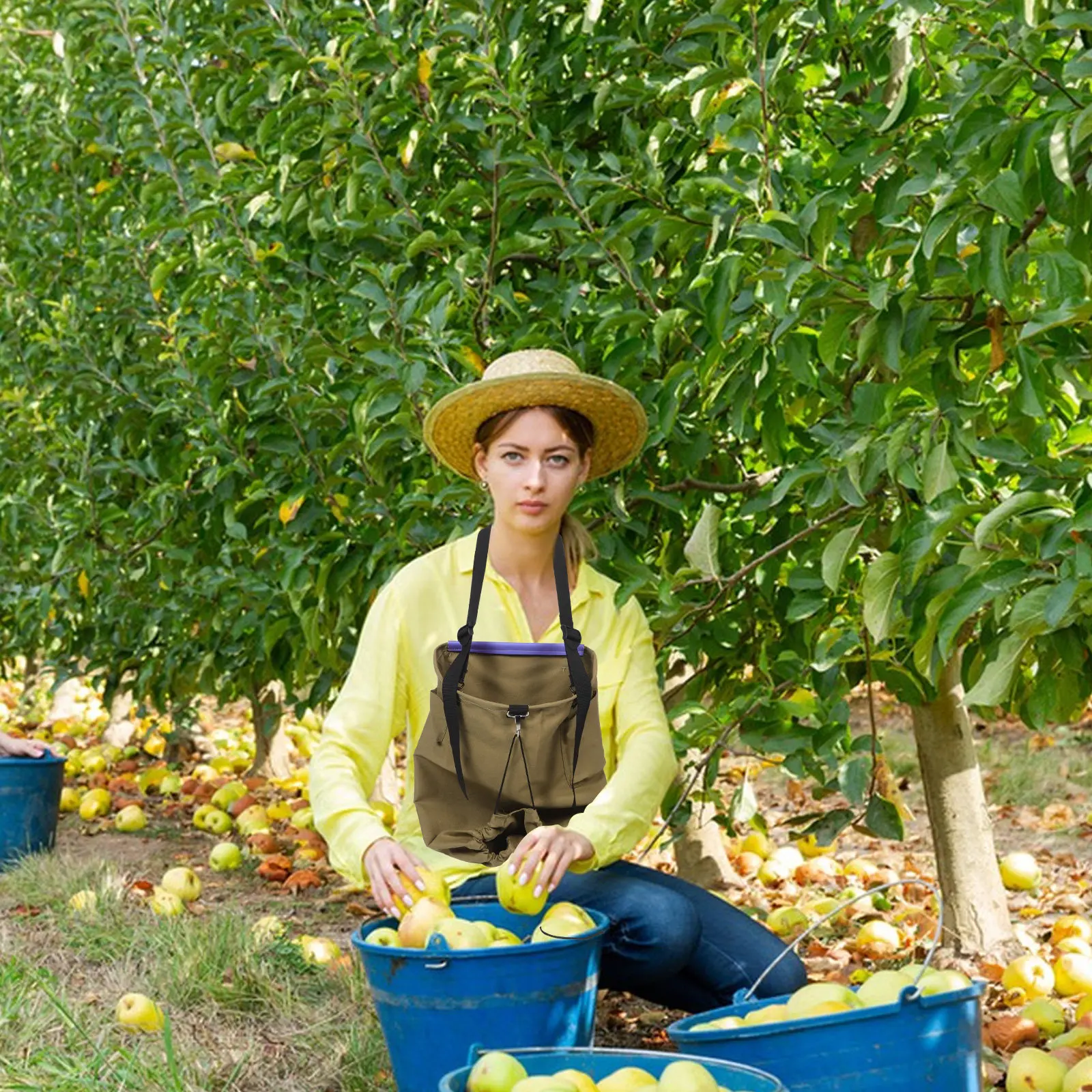 Sturdy Canvas Orchard Fruit Picking Bag Steel Ring Drawstring Design for Efficient Harvesting Peaches Pears Garden