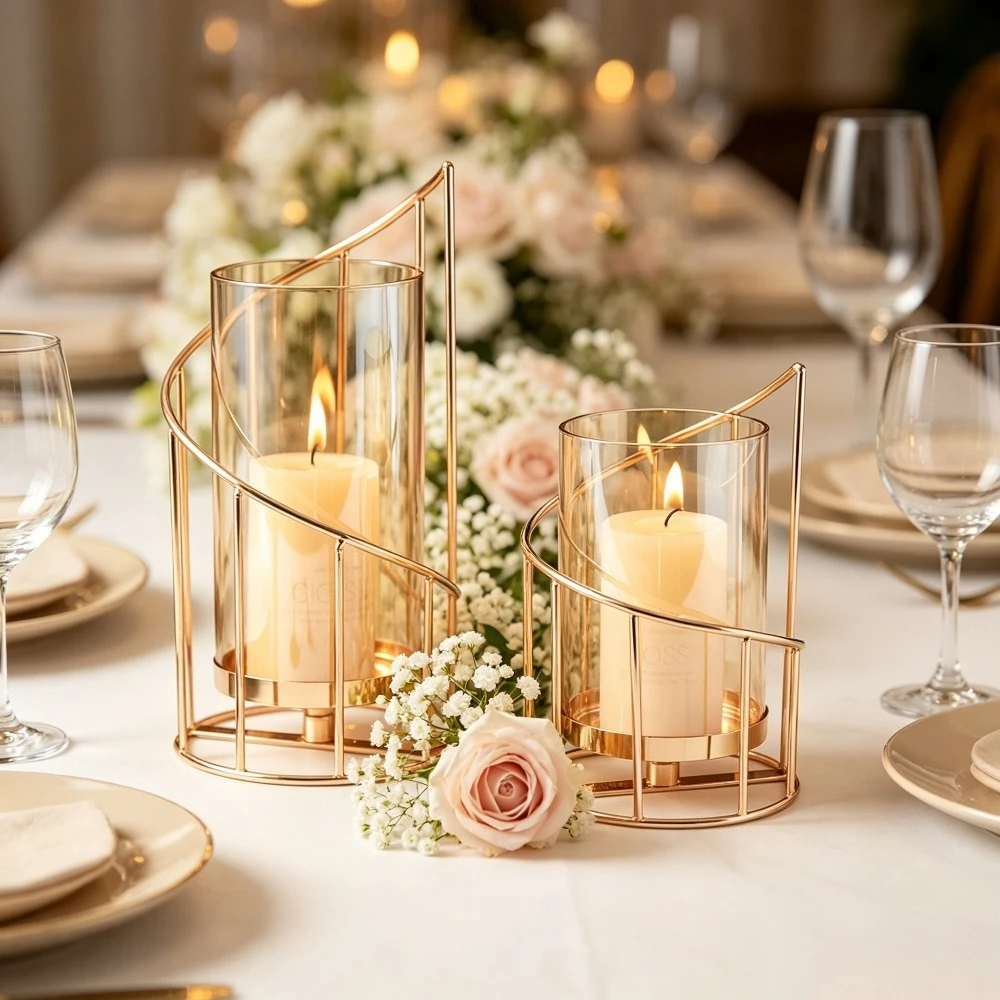 Modern Iron Cage Glass Candlestick Tabletop Candle Holder for Wedding Banquet Living Room Bedroom Indoor Home Decor Supplies