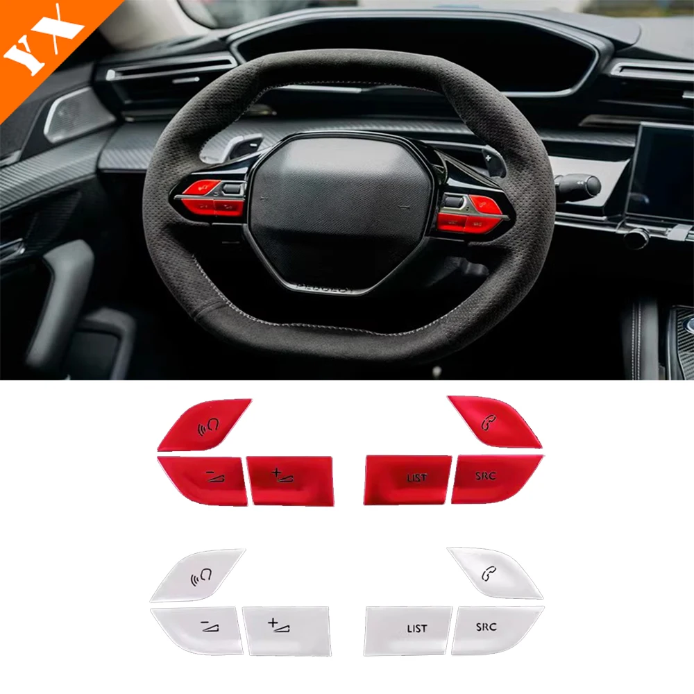 For Peugeot 2008 Accessories 2020-2024 Aluminum Silver Red Trim Car Steering Wheel Switch Button Sticker Cover Decor Scratch