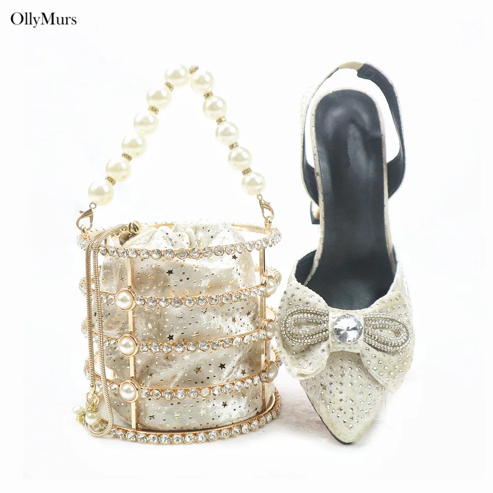 

African Design Rhinestone High Heels Shoes And Bag Set New Style Comfortable Woman Shoes And Bag Set For Wedding Party
