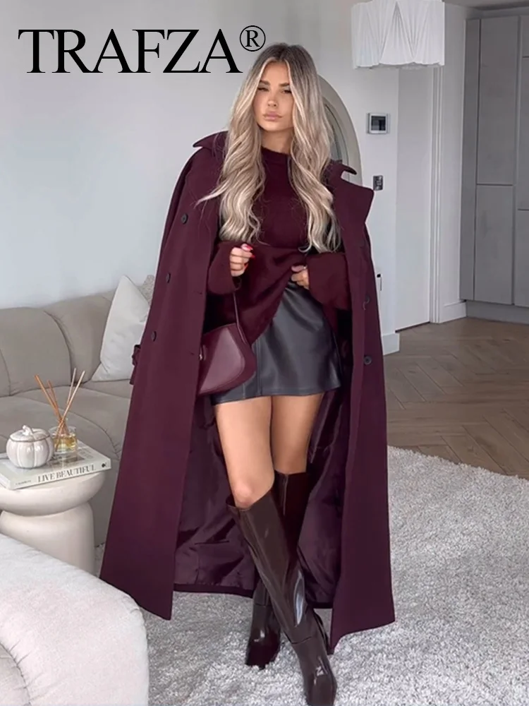 HH Women Elegant Burgundy Lapel Blend Maxi Overcoat Fashion Winter Double-Breasted Jacket with Belt Female Chic Trench Coat