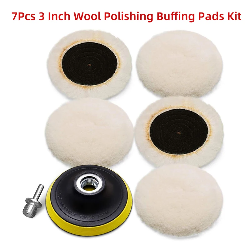 

7Pcs 3 Inch Wool Polishing Buffing Pads Kit Car Polisher Buffer Drill Attachment With M10 Drill Adapter for Car Polishing Waxing