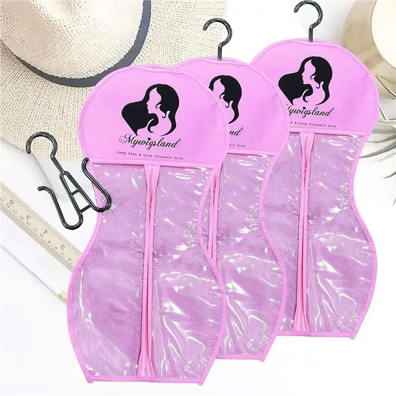 أكياس تخزين شعر مستعار A01F مع شماعة، شماعة شعر مستعار لشعر مستعار متعدد، أكياس تخزين شعر مستعار، حقيبة تخزين شعر مستعار على شكل ساعة رملية 6 قطع وردي #5