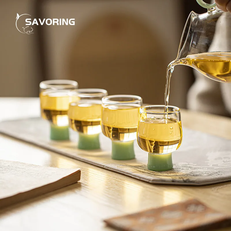 Pure Handmade Cups Heat Resistant Glass Tea Cup Green Drinking for Tea Glass High-Foot Cup Bowl Unusual Beautiful Tea Maker gift