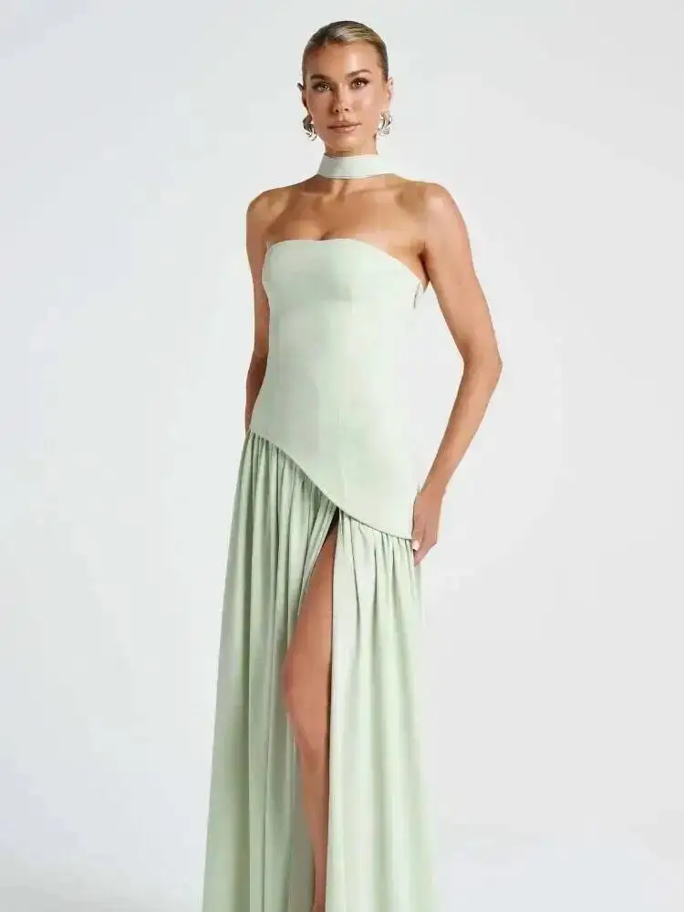 Elegant Solid Pleated Maxi Dress Women Sexy Sleeveless Off Shoulder High Slit Spliced Scarf Slim Fit Dresses 2025 Party Wear 6UG