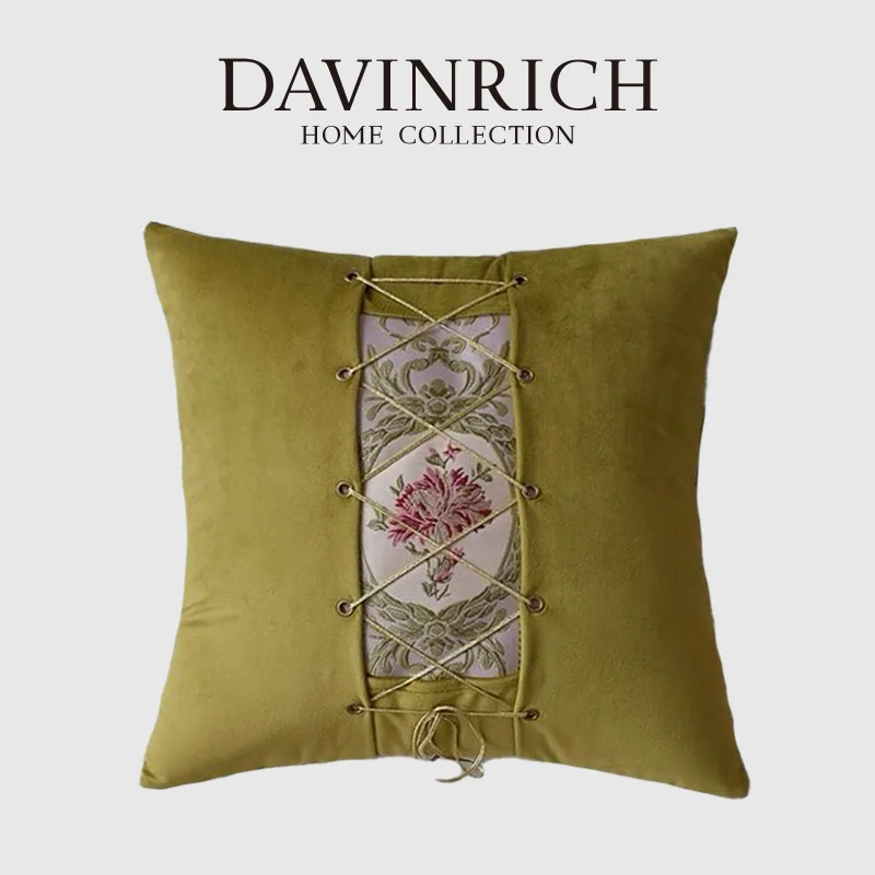 DAVINRICH Victorian Style Romantic Pillow Covers European Court Vintage Lace-Up Design Cushion Case With Roses Flowers Jacquard