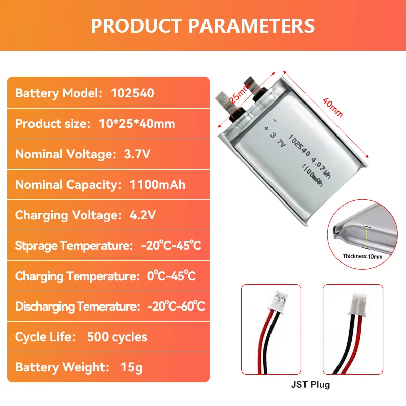 1025040 3.7V 1100mAh Lithium Polymer Rechargeable Battery For MP3 MP4 GPS LED Toy Bluetooth Headset Recording Pen Massager Part