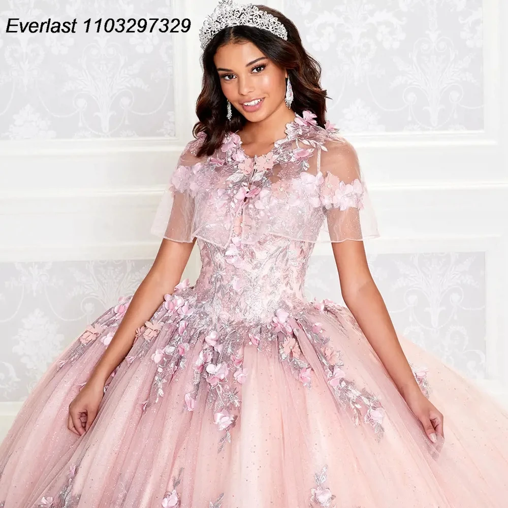 EVLAST-Vestido De quinceañera rosa brillante, Vestido De baile, apliques De encaje Floral 3D, cuentas con capa, dulce 16, 15 años, TQD359