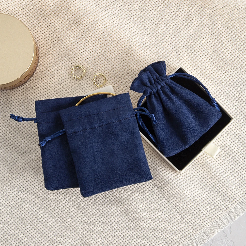 10pcs Navy Flannel Jewelry Packaging Bags, Gift Drawstring Pouches