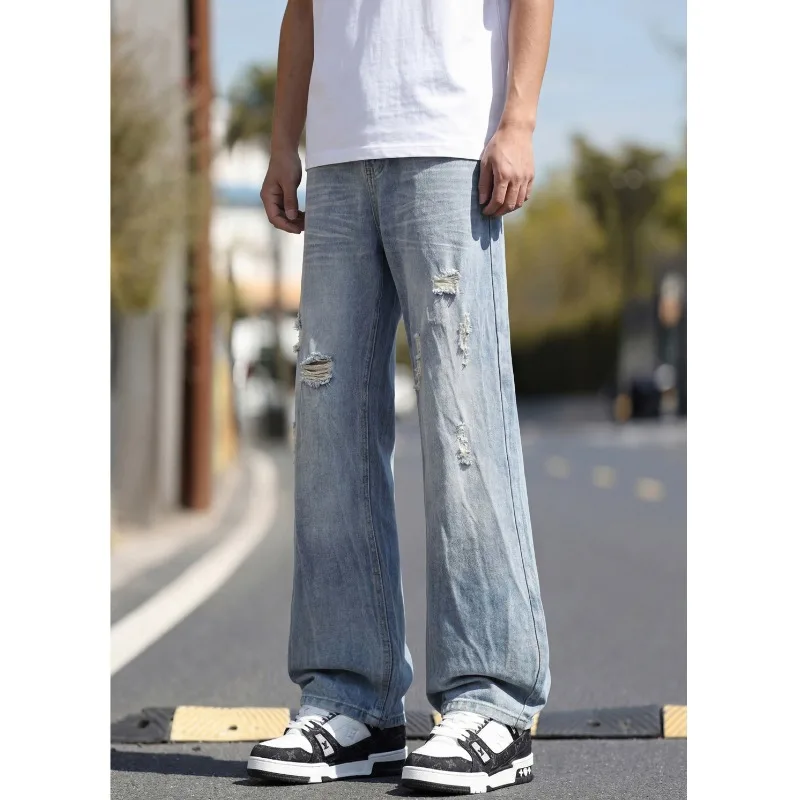 Men New American Vintage Ripped Denim Jeans Loose Straight Leg Micro Flare Casual Long Trousers