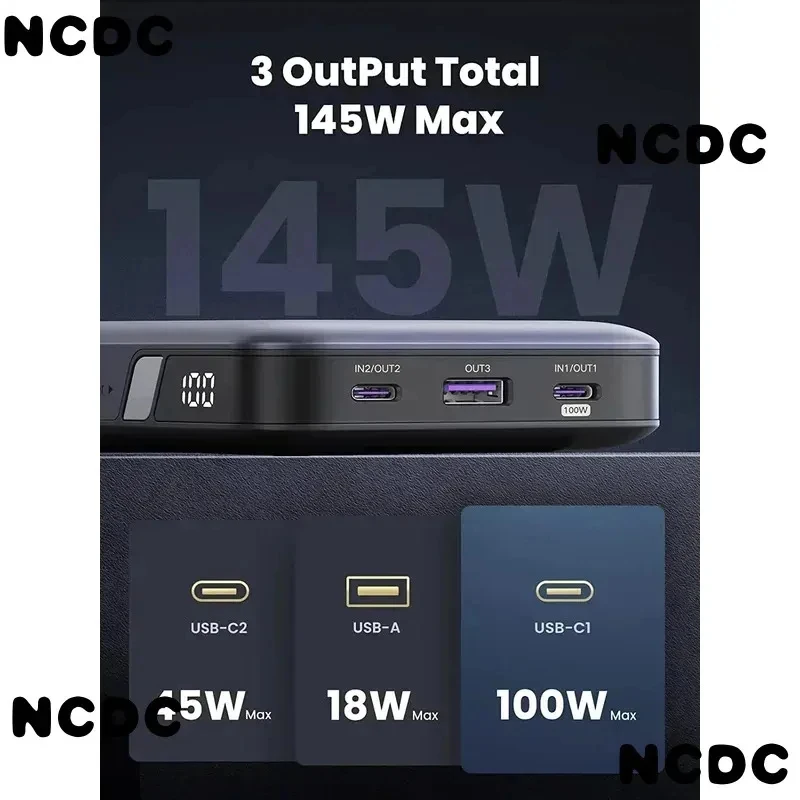 145W Power Bank 25000MAh Portable USB C 3-Port Pd3.0 Battery Pack Digital Display 65W Fast Recharge