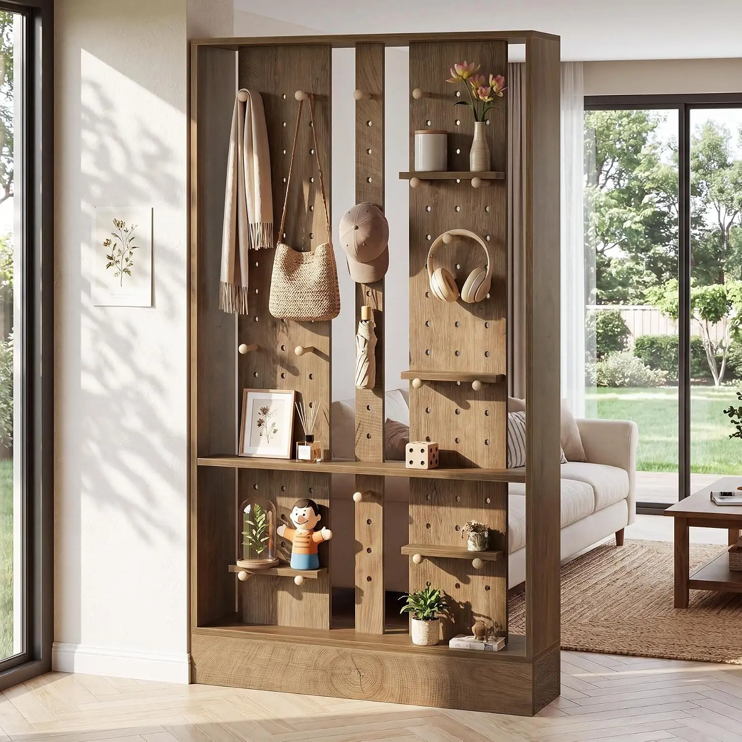 Freestanding Wooden Pegboard Panel Partition 69 7 Room Divider Privacy Screen 25 Sticks Home Office Bedroom Brown Decor