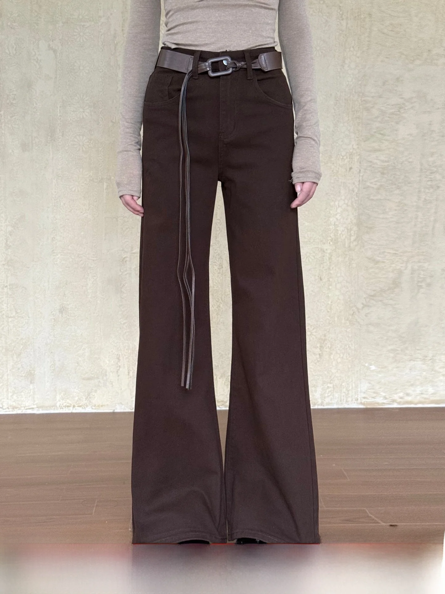 

Винтажные прямые повседневные брюки Tang с высокой талией, женские осенне-зимние эластичные утягивающие длинные брюки кофейного цвета, женские джинсы