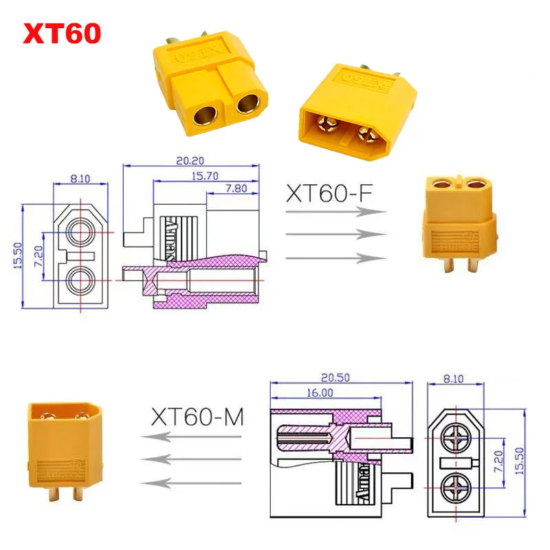 XT60E Female/XT60/XT60H Male and Female Gold-Plated Power Connectors for Remote-Controlled FPV Lithium-Polymer Batteries