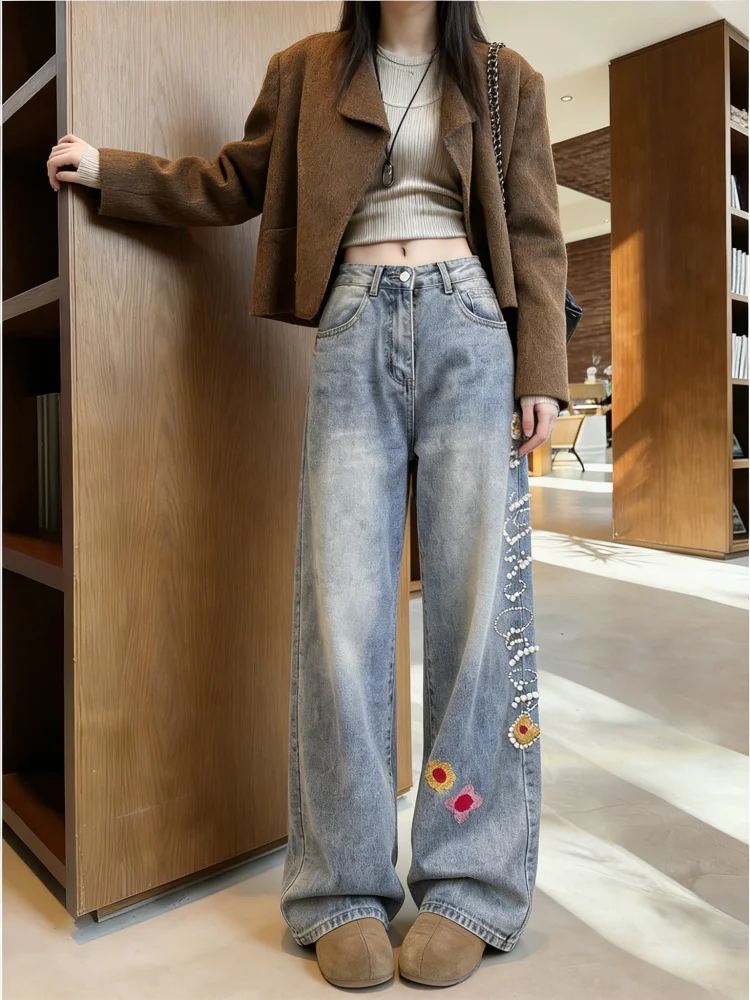 

Blue Fashionable Casual Wide Leg Jeans American Retro Spring Loose Pants for plus Size Women Straight Leg Trousers