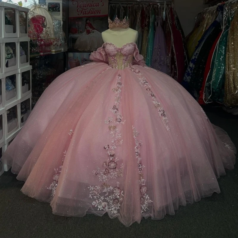 

Pink Shiny Quinceanera Dresses Off The Shoulder Applique Flower Beading CrystalTull Ball Gown Vestidos De 15 Anos Sweet 16 Dress