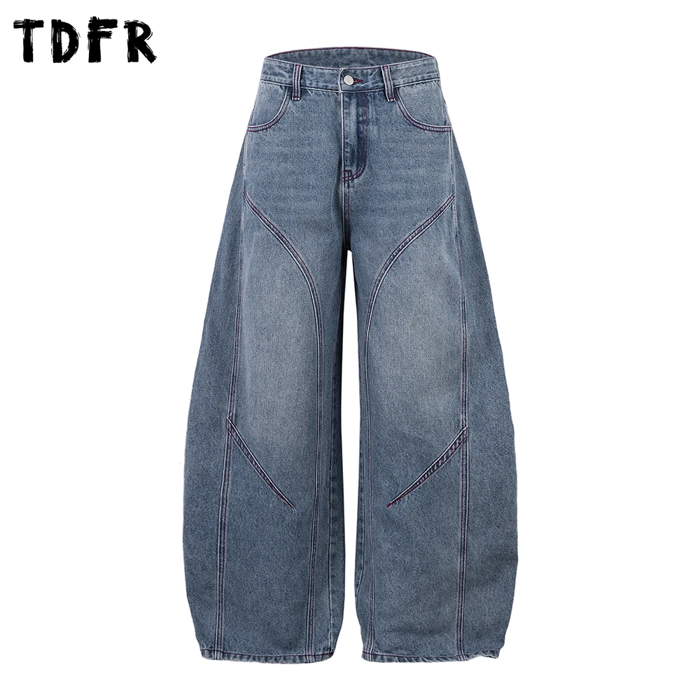 

Top Stitch Spliced Banana Jeans Mens Retro Washed Distressed Streetwear Loose Wide Leg Denim Pants Men