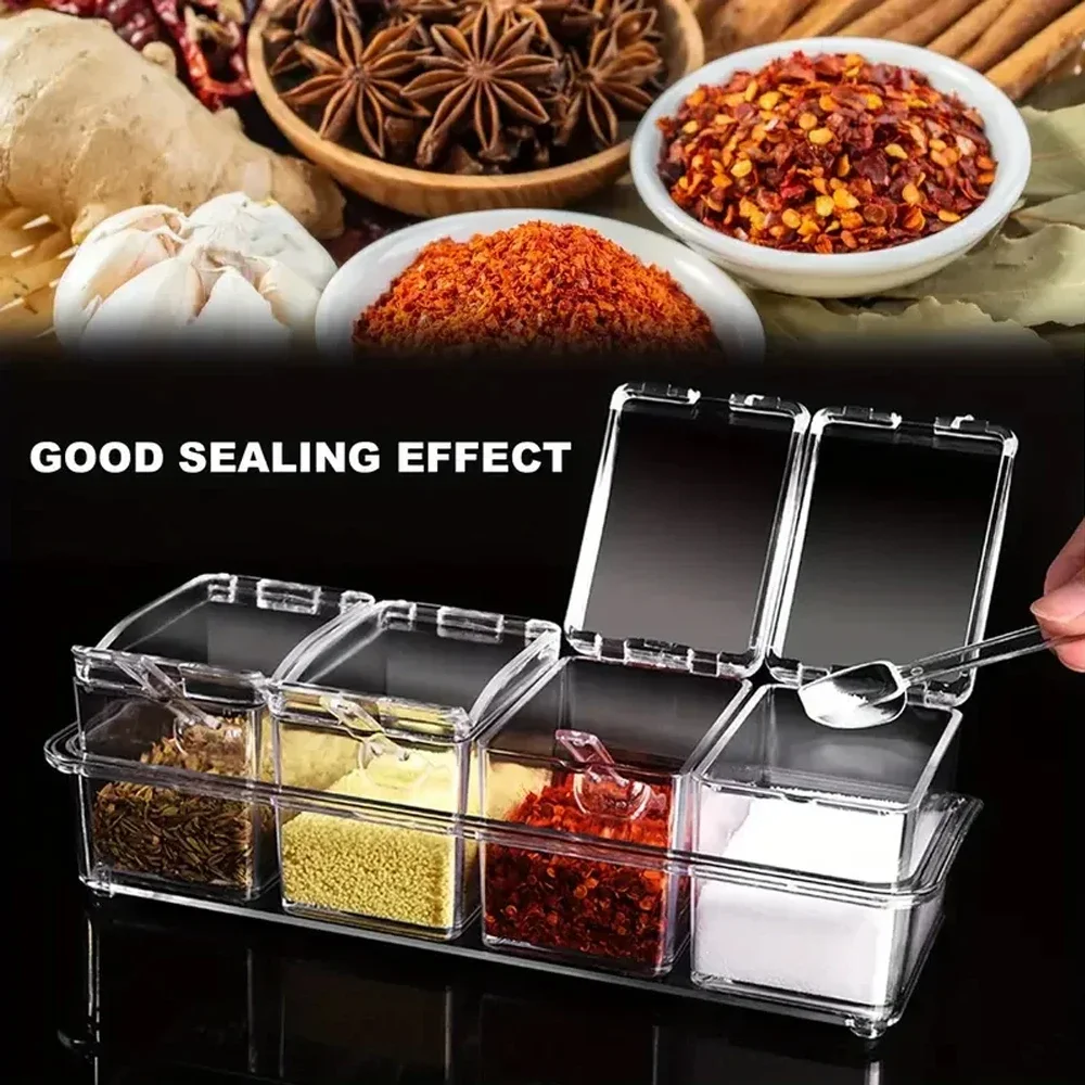 

4 Compartments Transparent Spice Box with Spoon and Lid Seasoning Jar for Pepper Salt and Sugar Spice Rack Spice Jars Set 조미료 병