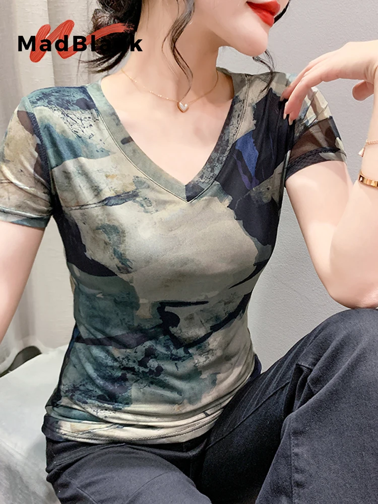 

MadBlack-Women's European T-Shirt, Sexy V Neck Halo Printing, Clubwear Short Sleeve Slim M-3XL Mesh Tee, 2025 Summer T53507CC