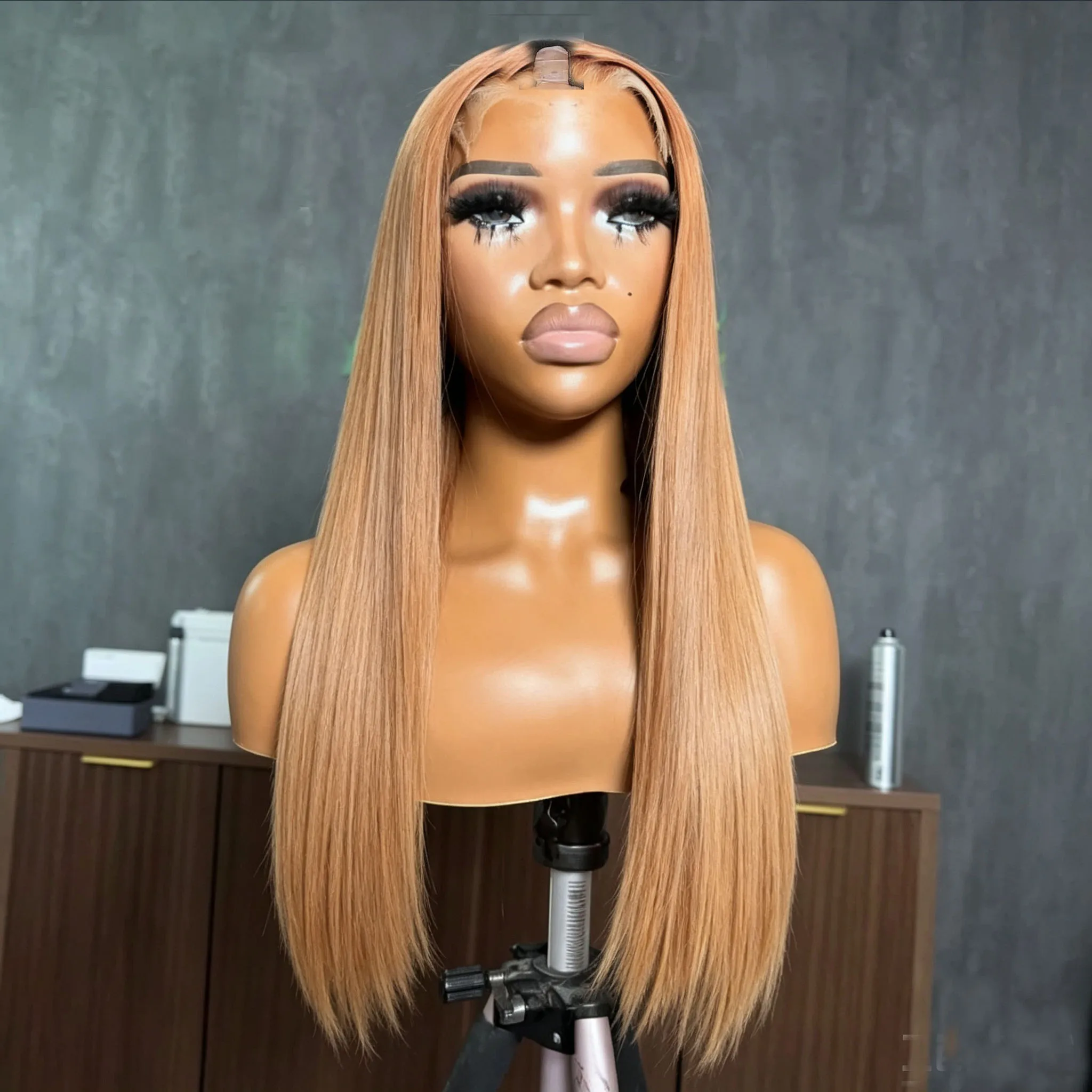 Lange, seidig glatte, blonde, aschbraune U-Part-Perücke, Top-Qualität, weiches 100% Echthaar für Damen, V-Form-Perücke, 200% Dichte, volle Spitze – Detail 2