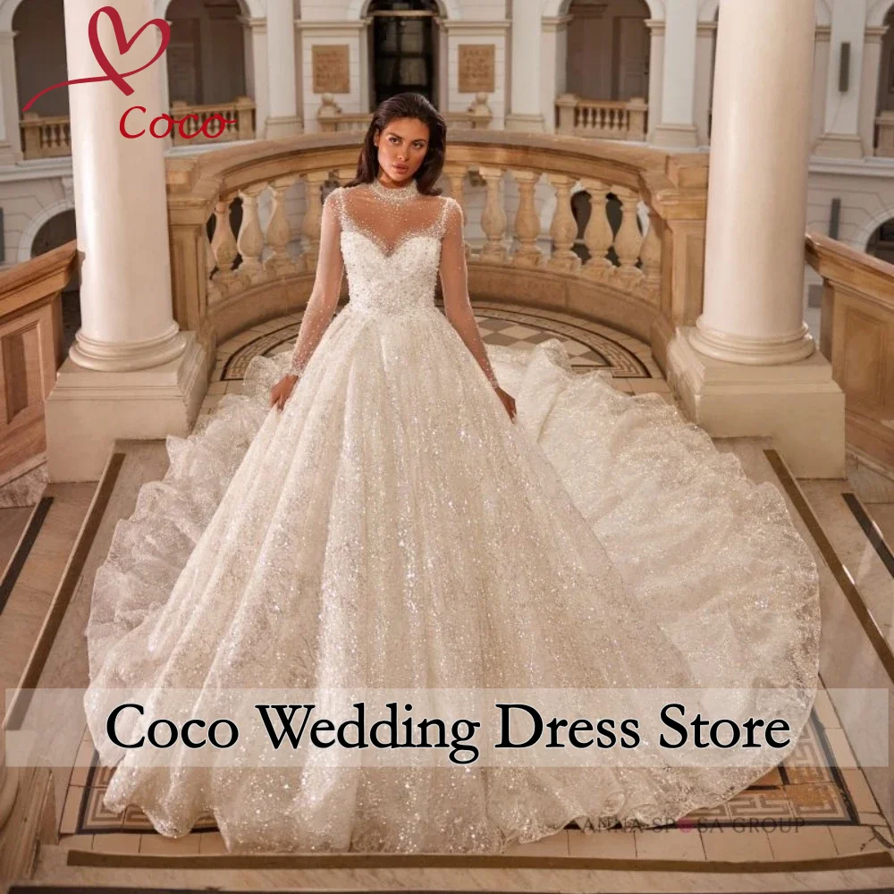 

Индивидуальные роскошные свадебные платья-бальные сияющие наряды для женщин: с вырезом «сердечко», длинными рукавами, кружевом и пайетками