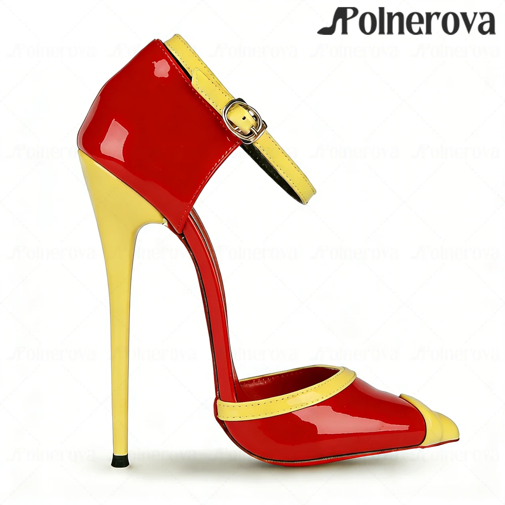 

Красные лакированные двухцветные туфли на высоком каблуке с пряжкой на щиколотке, сексуальные туфли-стилеты с острым носком ручной работы для женщин, с возможностью индивидуального заказа, большие размеры