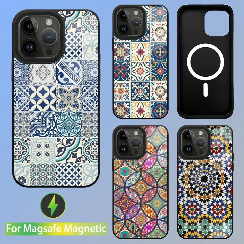 Moroccan Tile Print Phone Case For iPhone 15,14,13,12,11,Plus,Pro,Max Mini Magsafe Magnetic Wireless Charging