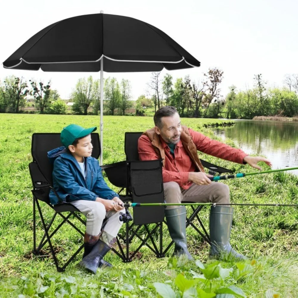 

Portable Folding Picnic Double Chair Umbrella Table Cooler Beach Camping Black