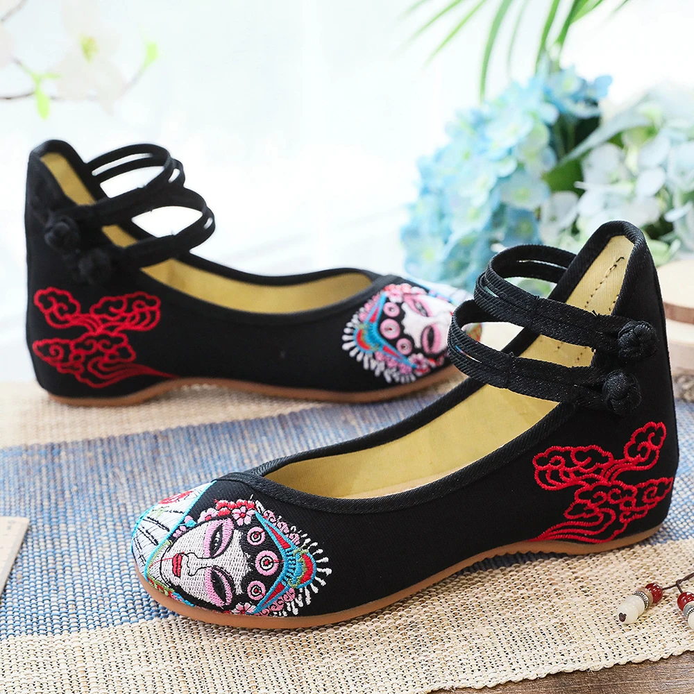 Veowalk Beijing Opera Embroidered Women Cotton Fabric Ballet Flats Ankle Strap Elegant Ladies Casual Soft Canvas Flat Shoes