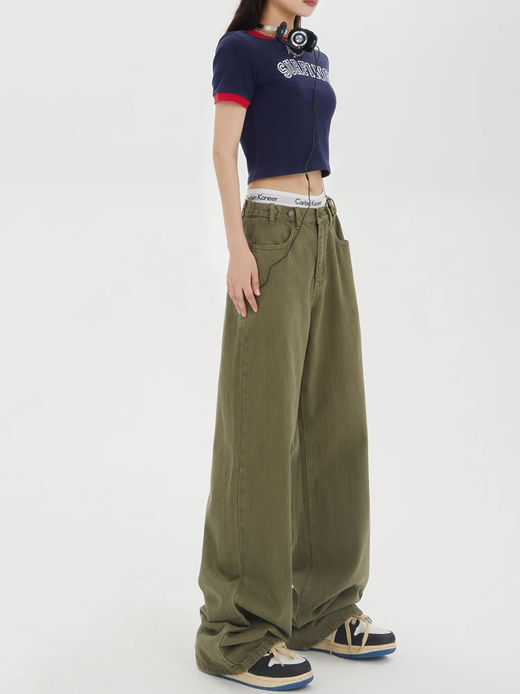 American Vintage Style High Waist Green Jeans Pants Spring Fashion Women\'s Baggy Y2K Wide Leg Denim Trouser Female Clothes