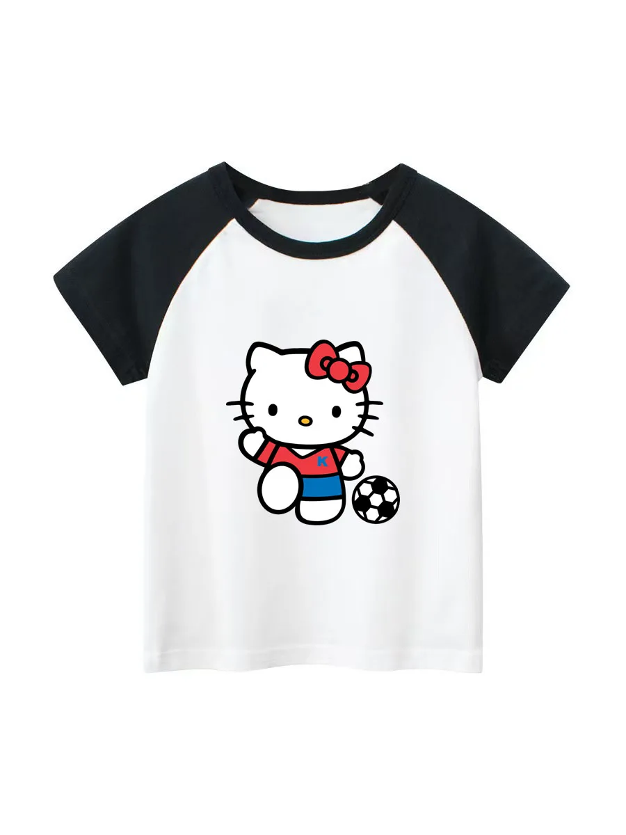

2025 Hello Kitty Football Kids T Shirt Sports Casual Girls Top Clothes Children Tee Tracksuit Sportwear New Girls Clothes