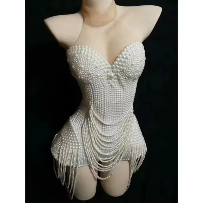 DY20Nightclub Singer Dancer Performance Stage Wear Jazz White Beaded Pearls Tassel Women Party Bodysuits Sleeveless Mesh Jumpsui