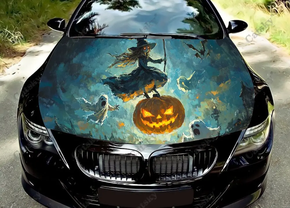 Witch Glowing Pumpkin Print Car Hood Wrap Color Vinyl Sticker Truck Graphic Bonnet Custom Auto Accessories Decoration Decal