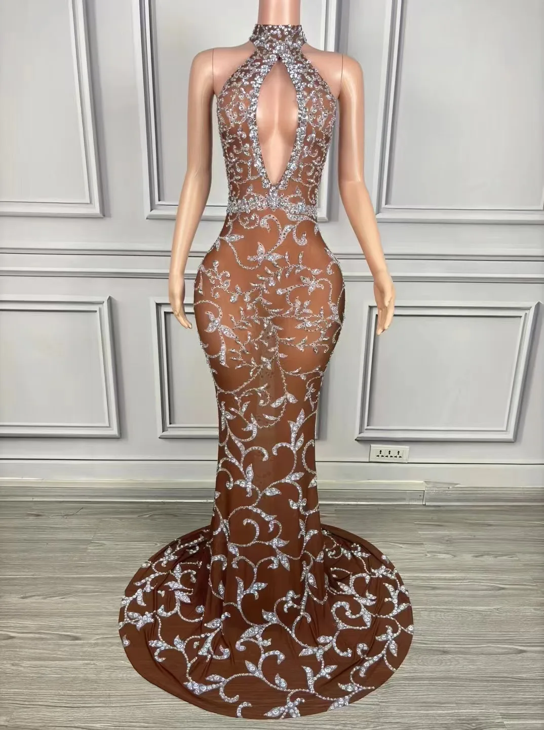 Diamond Printing Sexy Hollow Out See-Through Sheath Fishtail Dress Evening Party Singer Performance Costume Nightclub Stage Wear