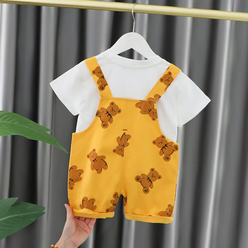 Summer Baby Boy Set Clothes Outfit Korean Cartoon Short Sleeve T-shirts and Overalls Two Piece Tracksuits for Kids Boys Clothing