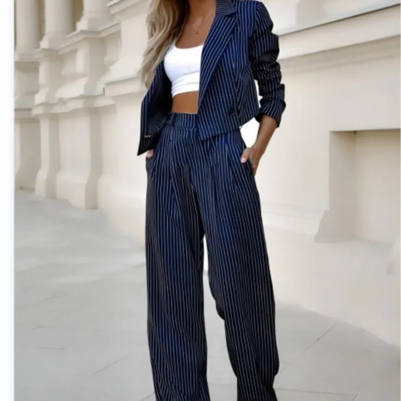 Women\'s Pant Suits Long Sleeve Striped Blazer & Straight Leg Pants Suit 2024 Elegant Fashion Street Ladies Office Work Formal