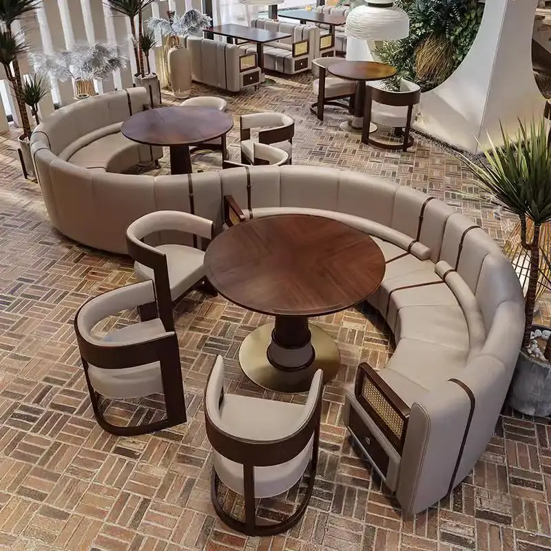 Customized Medieval Style Semicircular Card Seat Sofa Cafe Solid Wood Tables And Chairs Retro Barbecue Shop Card Seat Tea Restau