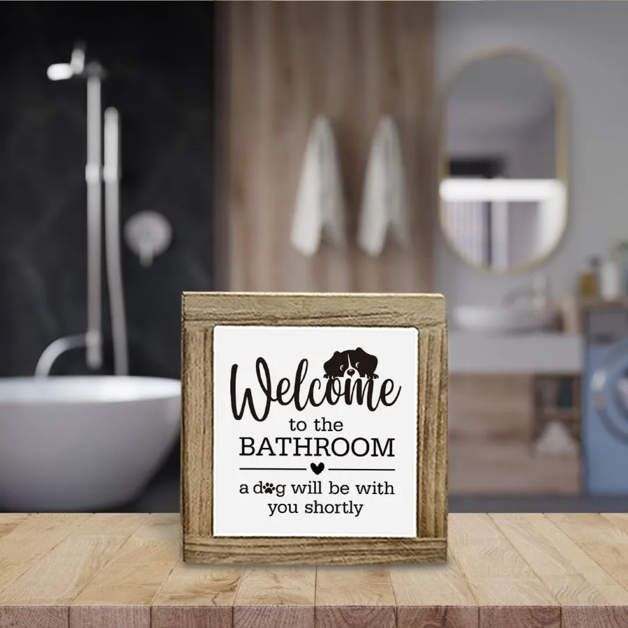 ديكور حمام الكلب، ديكور حمام مضحك، ديكور خشبي مثير للاهتمام للحمام، مرحبًا بكم في الحمامات، كلب سيكون معك