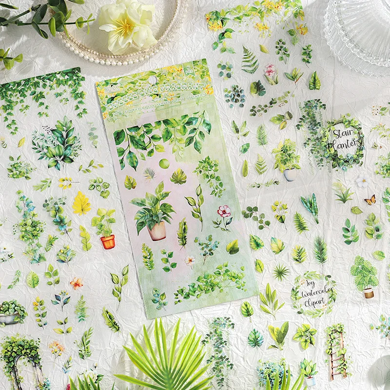 6 Sheets Laptop Stickers Scrapbook Stickers DIY Decorative Flora Green Plants Set Stickers for Laptop Envelop Scrapbook Notebook