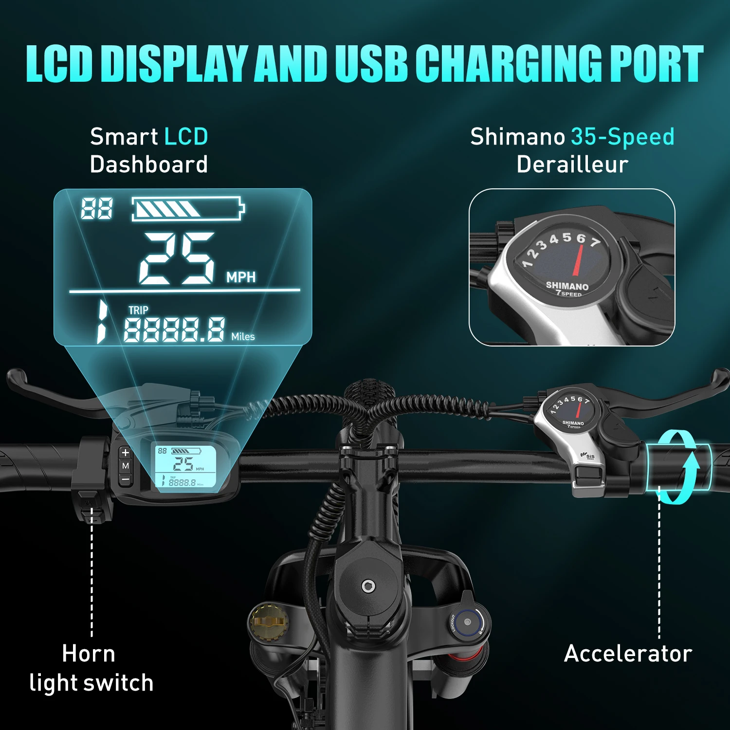 GT300 24 Inch Electric Mountain Bike for Adults, 400W(Peak 748W) Brushless Motor Ebike, 36V 10Ah Removable Lithium Battery, Shimano 7-Speed Gears, 22MPH Electric Bicycle for Urban Daily Commuting Short Trips view 6