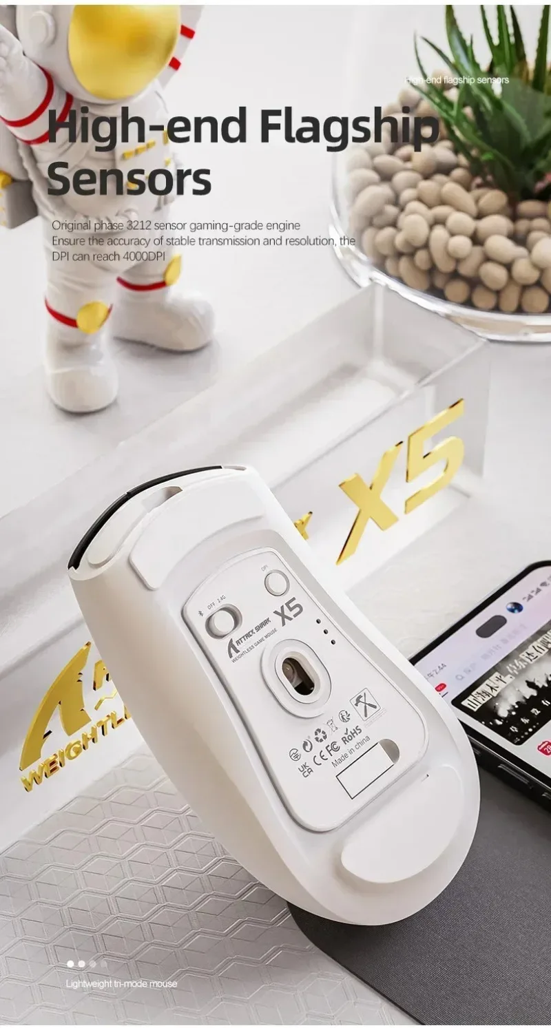 어택 샤크 X5 2.4G 무선 블루투스 마우스 트라이 모드 PAW3212 4000DPI RGB 노트북 및 데스크탑 컴퓨터용 FPS 게이밍 마우스