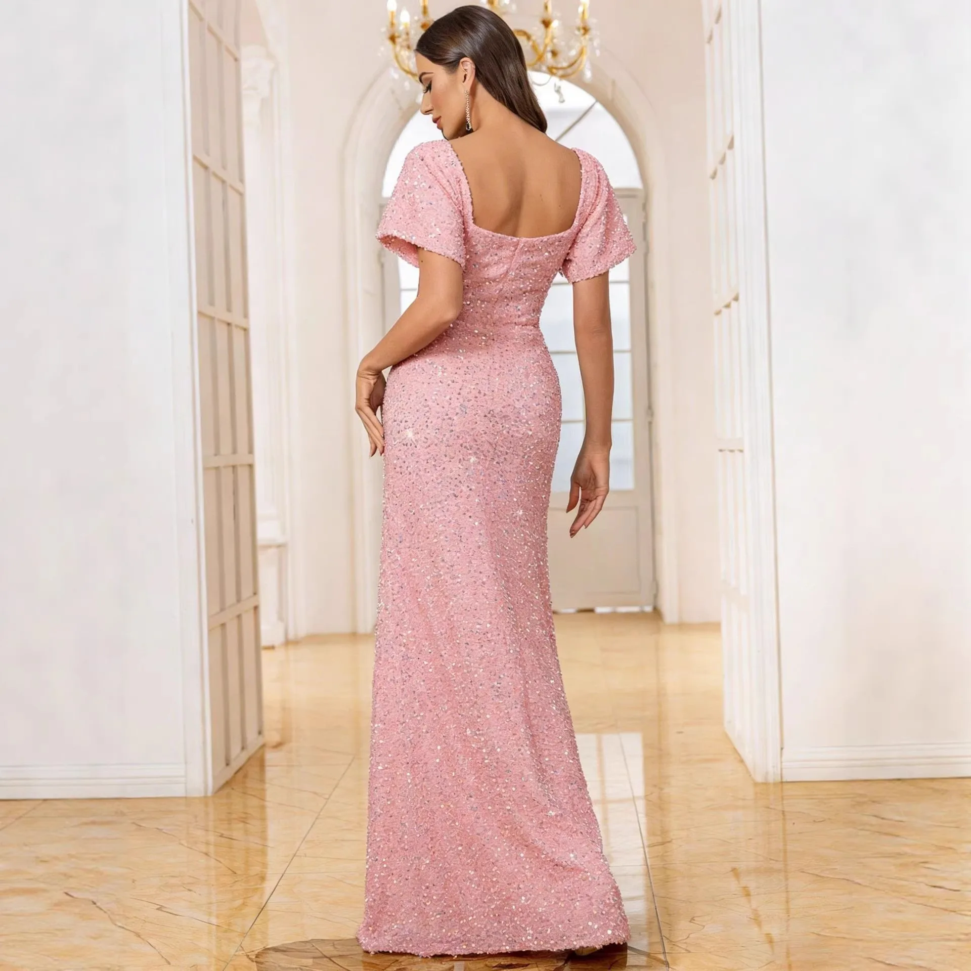 Sexy Nightclub Party Club Banquet Solid Color Dress Sequined Short-Sleeved Backless Dress