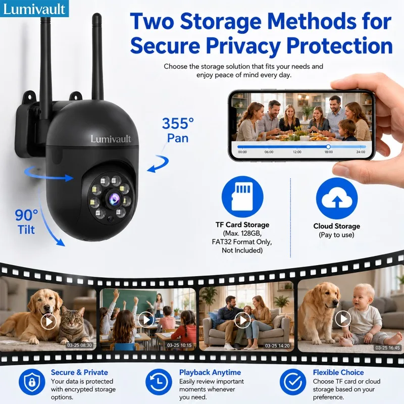 Wireless WiFi Camera Wall-mountable HD Night Vision Two-way Communication 360° Rotation Motion Detection LED Lighting