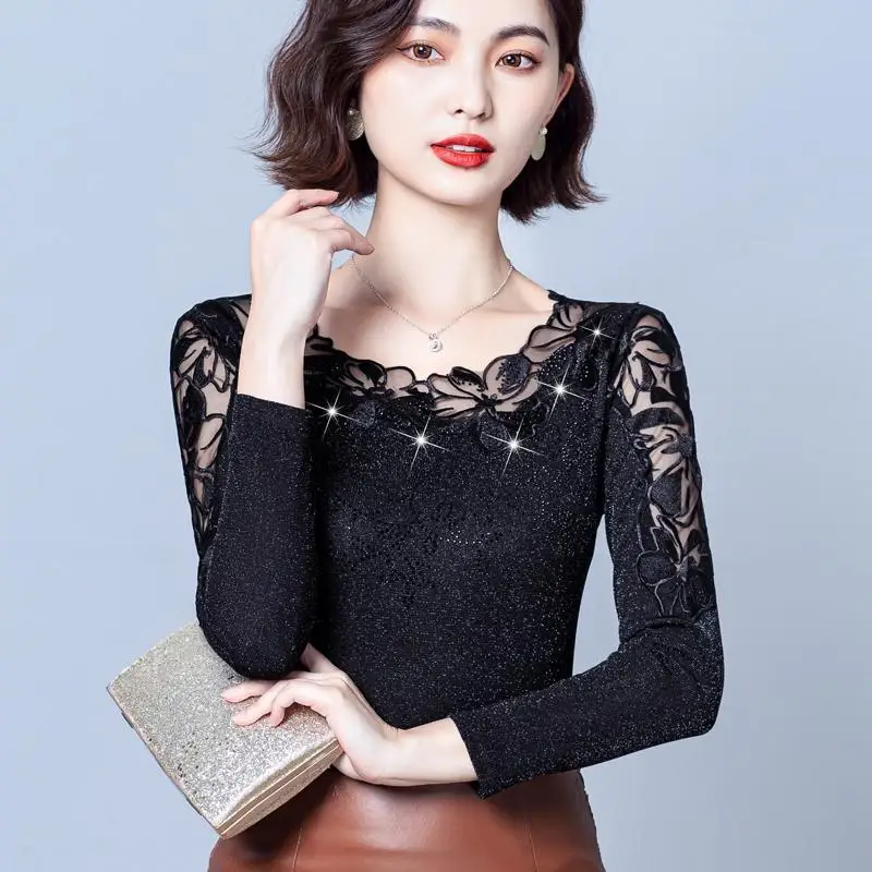 

New Arrival Women Trendy Chic Long Sleeve Lace Rhinestone Top Autumn Winter Fleece Lined Thickened Base Tee Elegant Inner Wear