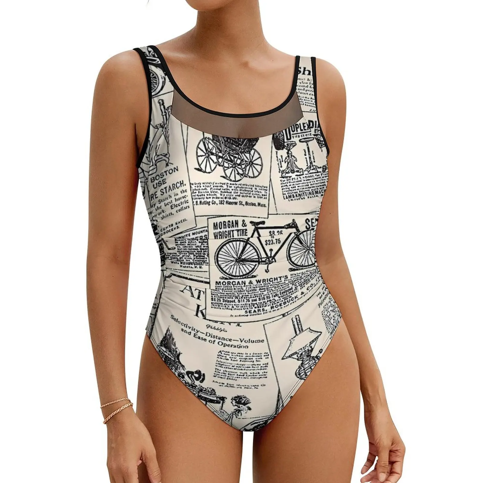 

Vintage Newspaper Swimsuit Letter Print One Piece Swimwear Push Up Stylish Bathing Suits Sexy Surfing Printed Bodysuit