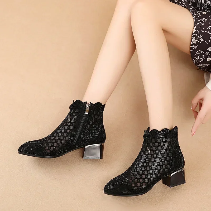 Women\'s Summer Boots Luxury Ankle Casual Shoes For Women Trend 2024 Comfortable Black Mesh Outdoor Fashion Wedge Heel Sandals