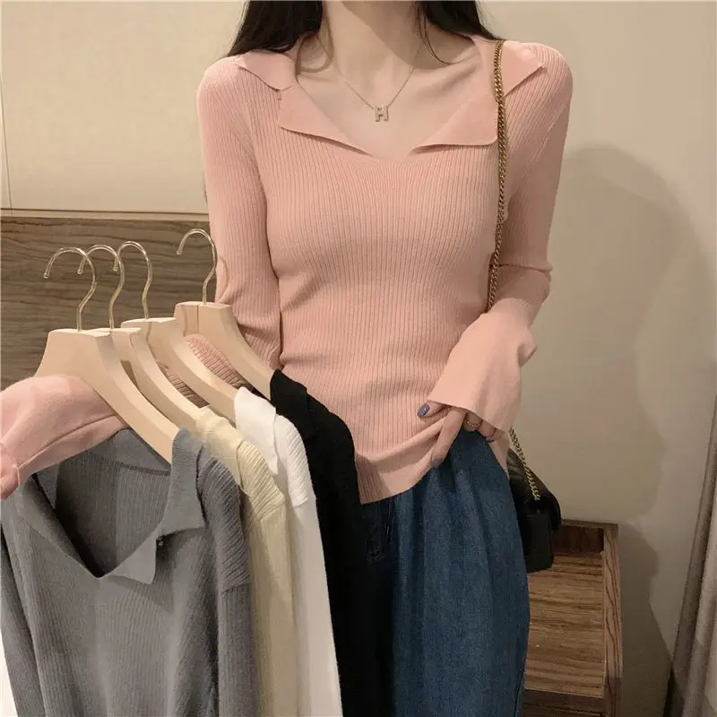 Doll Collar Knitted Sweater Women's Long Sleeved Versatile Fashion Collarbone Exposed Base Shirt Women's Top