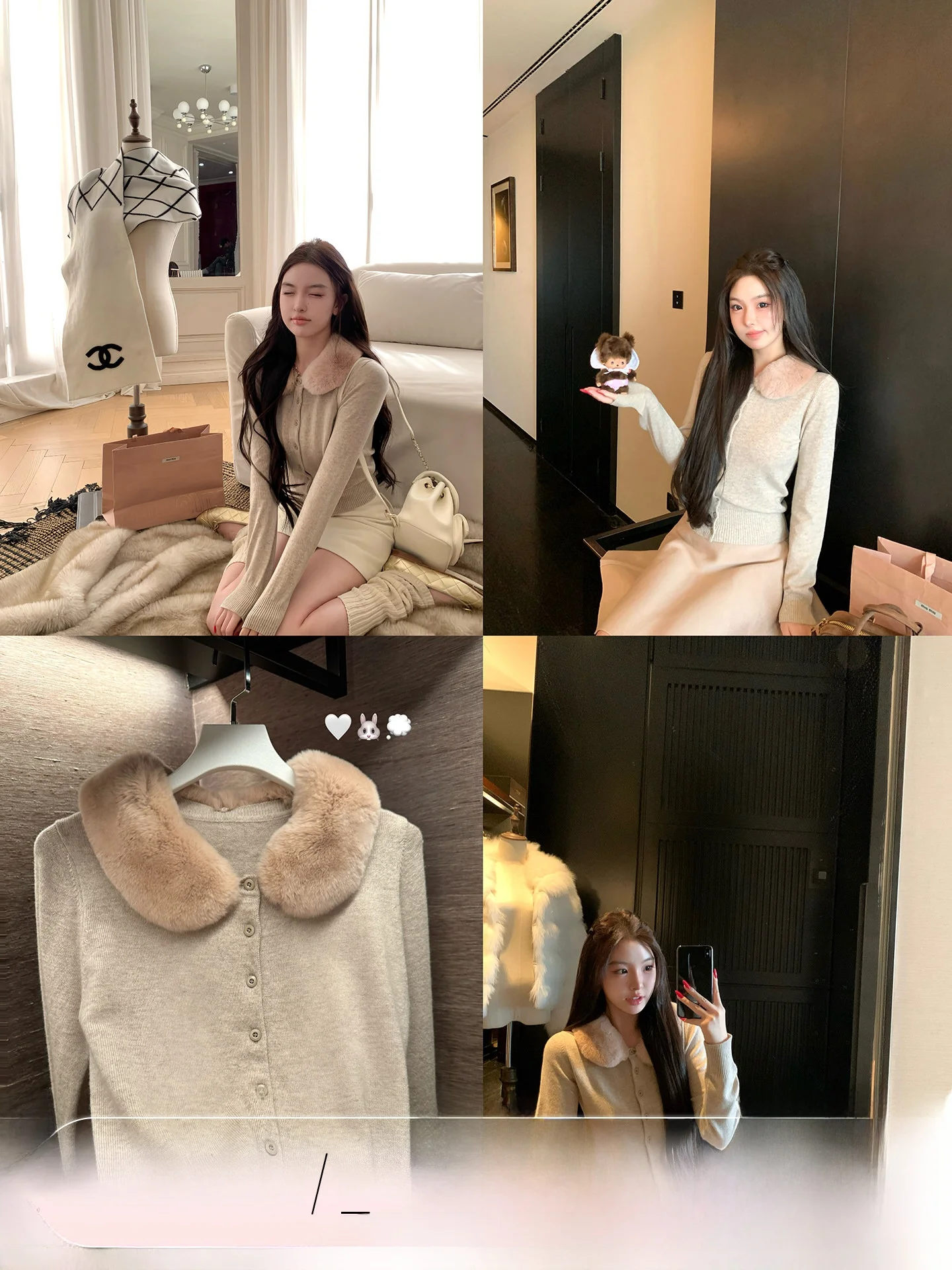

Soft Skin Feeling Dolled up ort Knitted Cardigan Rabbit Fur Collar Base Layer Top Girls Faion Winter Warm Long Sve