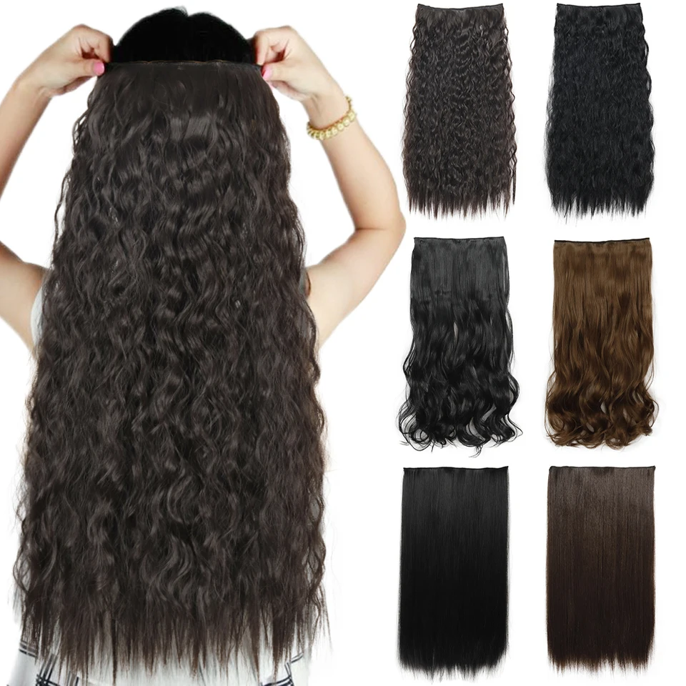 Extensión de cabello largo sintético con ondas water wave, 5 clips, cola castaña con ombre rubio, cabello falso